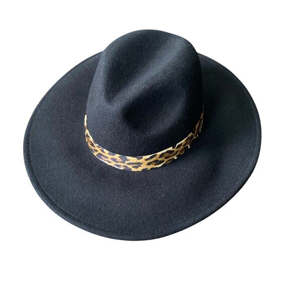 HALOGEN Wool Fedora Hat One Size Adjustable Black Leopard Animal Print Boho Chic - Picture 1 of 5